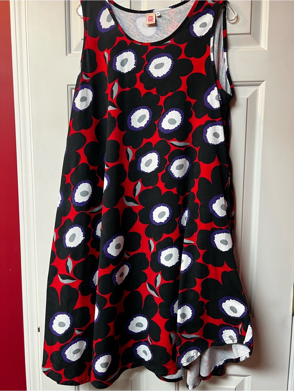 Red Floral Midi Swing Dress with Black & White Accents - Unbranded
